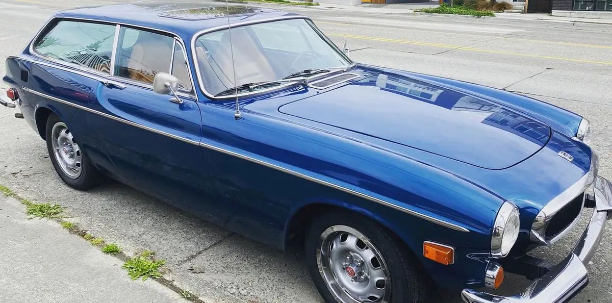 A blue Volvo 1800ES shooting brake
